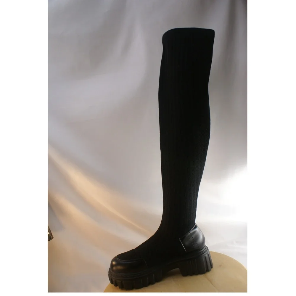 Cincoo Womens Black Ribbed Knit Over The Knee Lug Sole Platform Boots Size 6.5